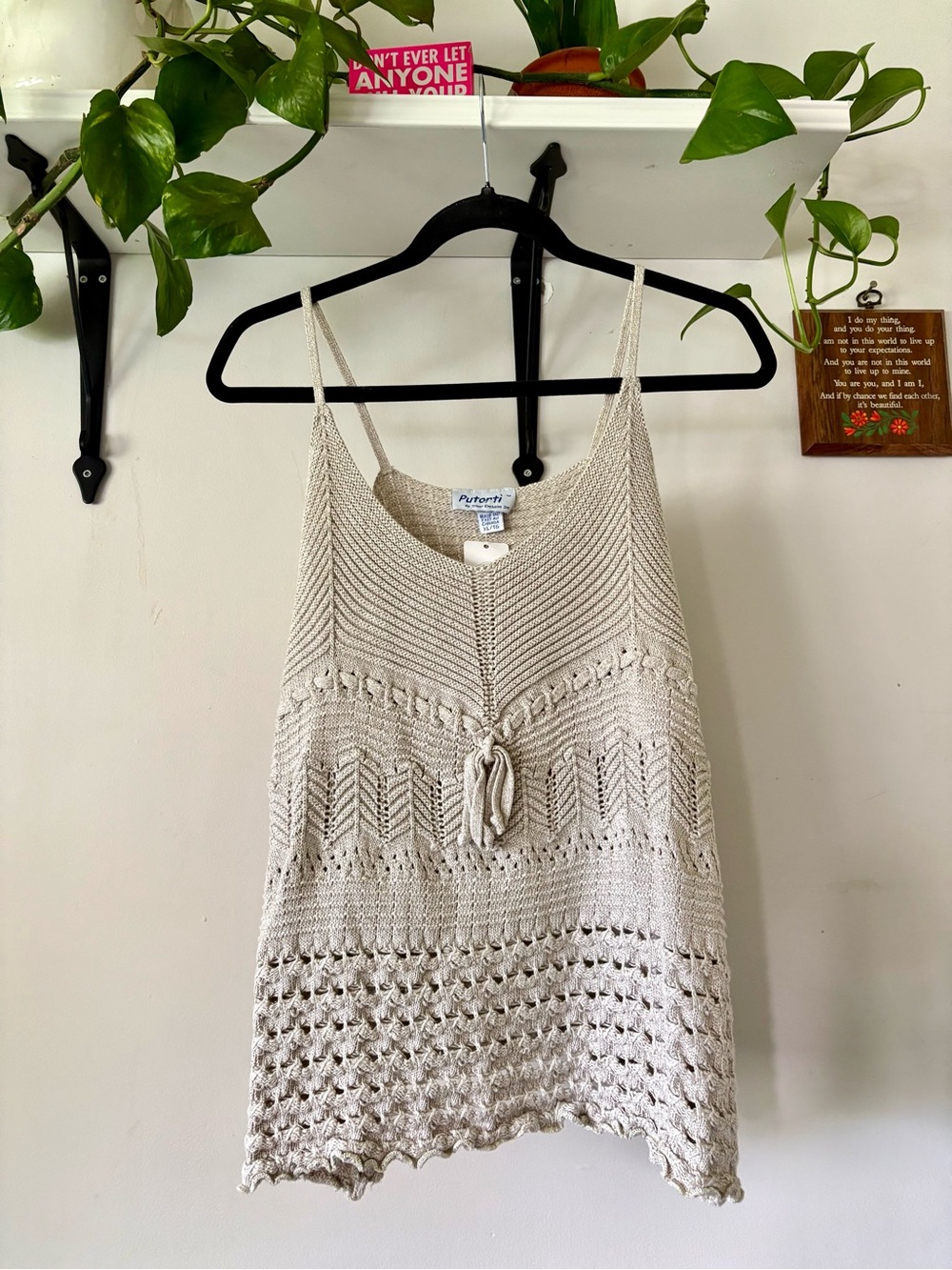 Light Beige Crochet Knit Tank Top with Tie Front